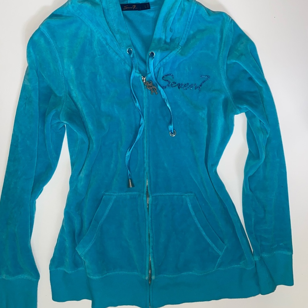 y2k seven7 caribbean teal velvet zip up tracksuit hoodie